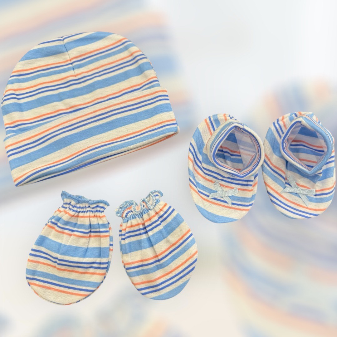 Cozy Blue Stripes Baby Cap, Booties & Mittens Set 🍼💙